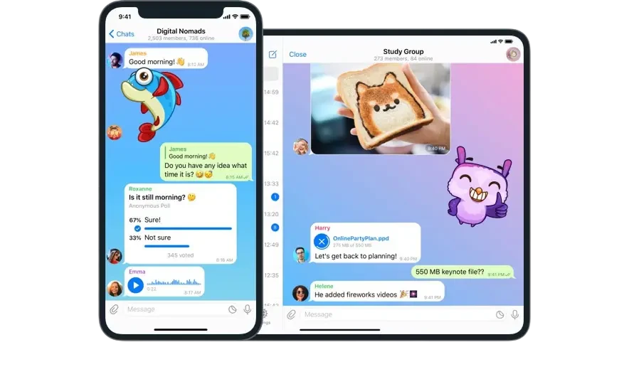 iPhone 和 iPad 展示 Telegram 群组、消息与文件界面